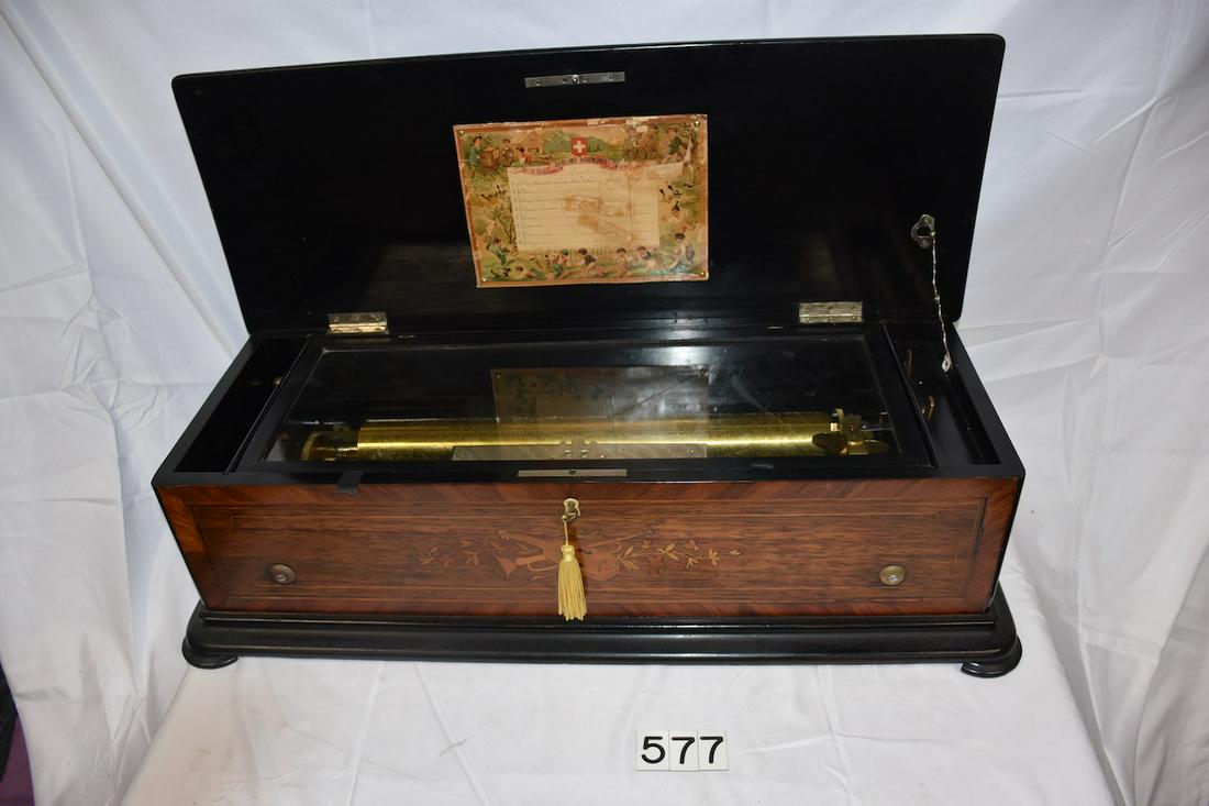 Mermod Freres cylinder music box: 8 tune. 17" cylinder. Tune Card. 3 section comb with no broken teeth. Mandolin Attachment. Inlaid top