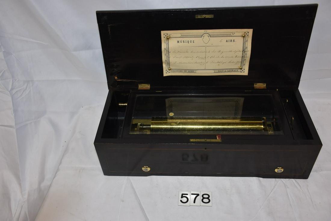 Early Cylinder Music Box: 6 tune. 10-1/2" cylinder. Good comb with no broken teeth. Plays well.