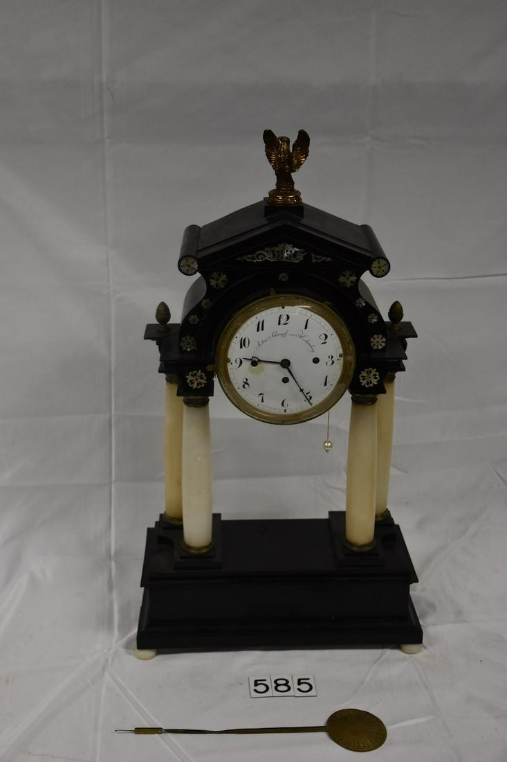 Portico Shelf Clock by Anton Scharpt: Anton Scharpt in Hochenberg. 25" tall x 14" wide x 6" deep. Case has been repaired, see photo's