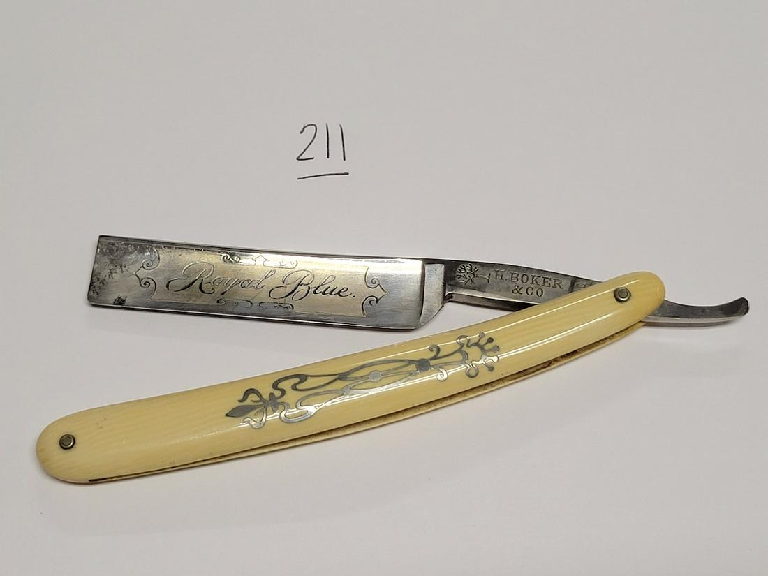 Straight Razors, Tie Clasps and Cigarette Case: The Cigarette case shows a map of France marked made in France in original box; Detroit Tigers pin; 2 tie tackes with rifles and spark plug, and 3 straight razors