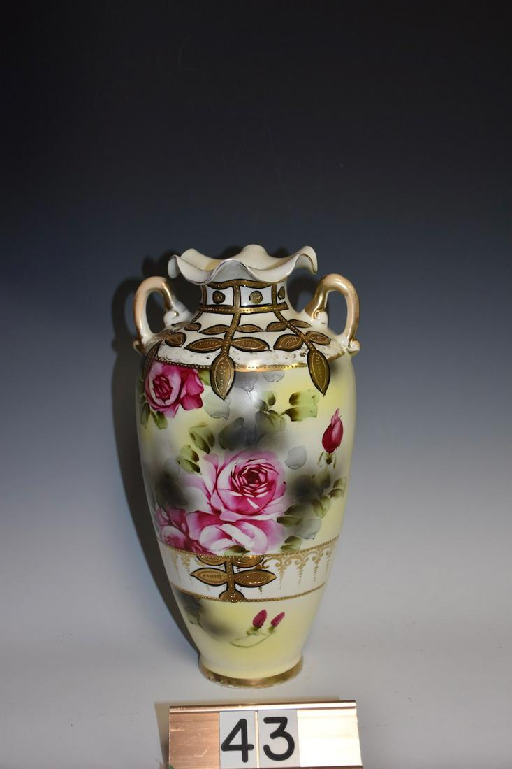 Nippon Large Painted Vase: Nippon Nishiki large hand painted vase with roses and handles