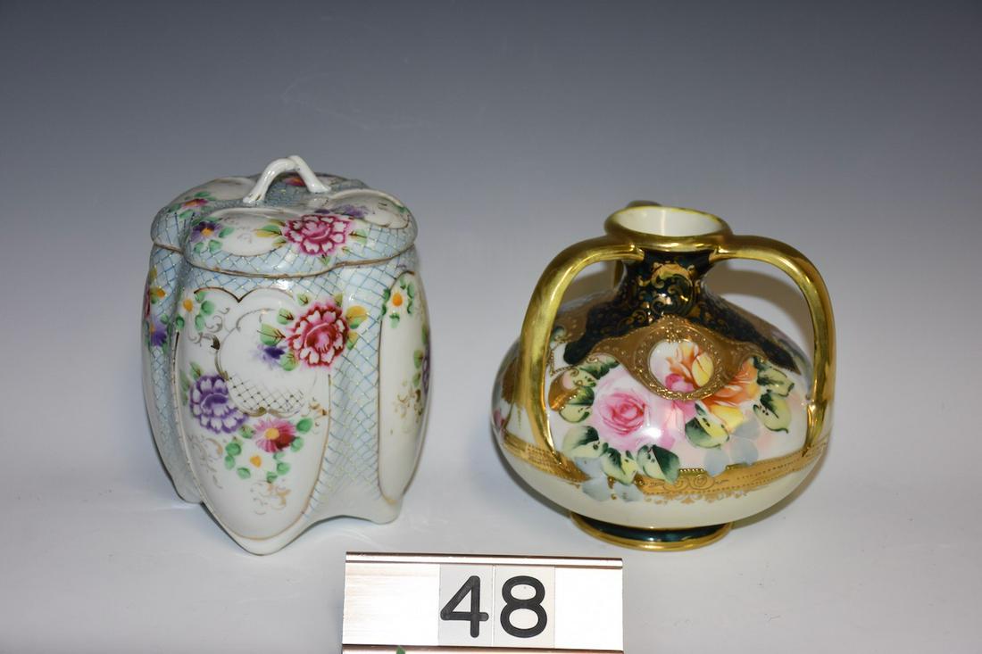 Hand Painted Pieces: 2 Hand Painted pieces â€“ Hand painted Nippon three handled vase and a covered hand painted cookie jar.
