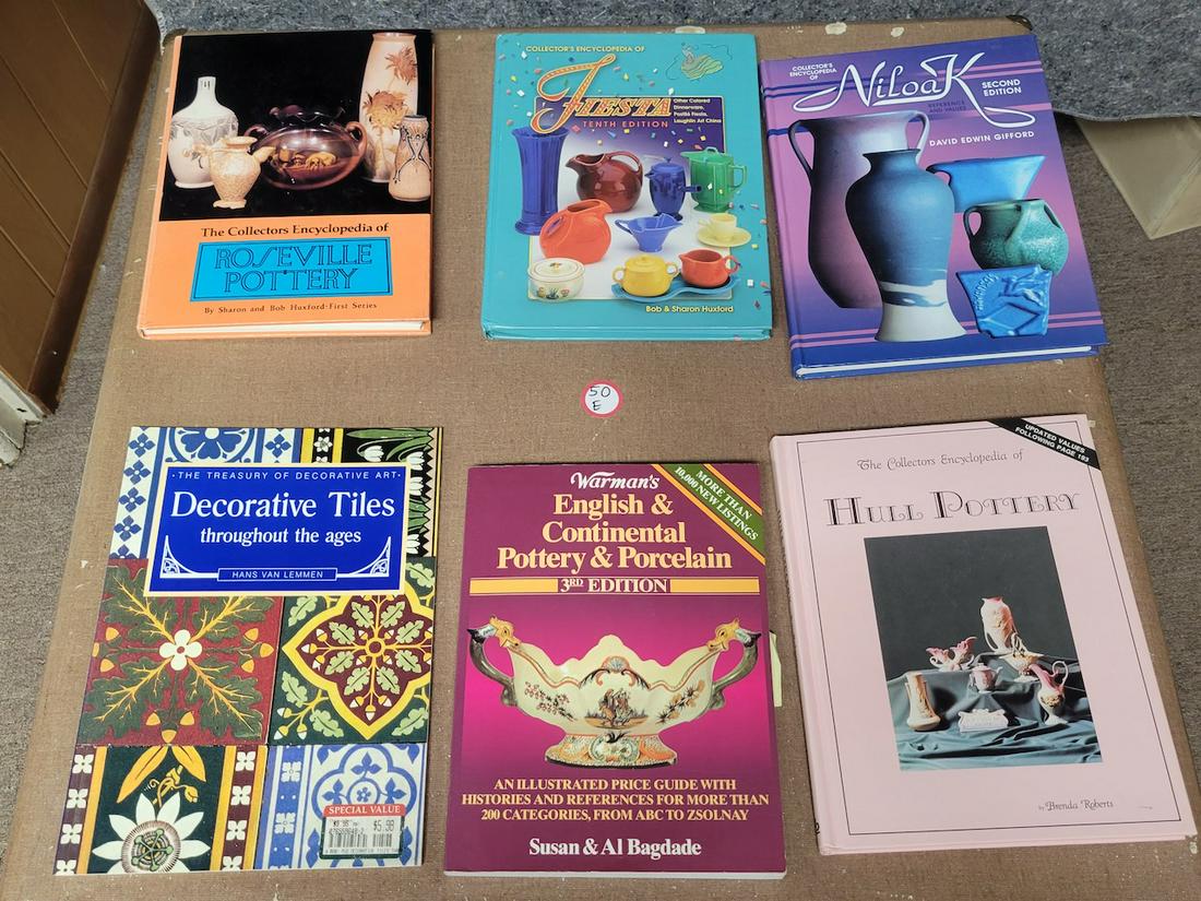 Group of Antique Reference Books: Hull Pottery; English and Continental Pottery and Porcelain; Roseville Pottery Encyclopedia; Encyclopedia of Fiesta; Encyclopedia of Niloak; Decorative Art Tiles