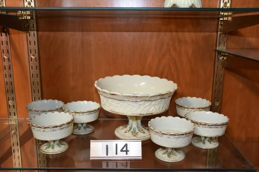 Custard Maple Leaf Rare Master Berry: Custard Glass â€“ Maple Leaf. Rare master berry and 6 individual sauce dishes. All pedestal examples.