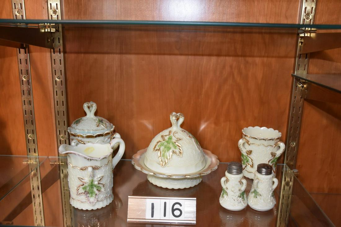 Custard Maple Leaf Table Set: Custard Glass â€“ Maple Leaf. Table set â€“ Covered butter dish, creamer, covered sugar, spooner, salt & pepper shakers