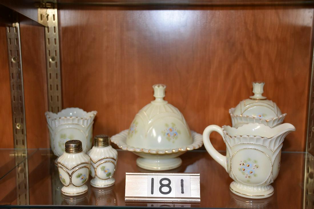 Custard Beaded Circle Table Set: Custard Glass â€“ Beaded Circle. Table Set. Covered butter, covered sugar, cream, spooner, salt and pepper