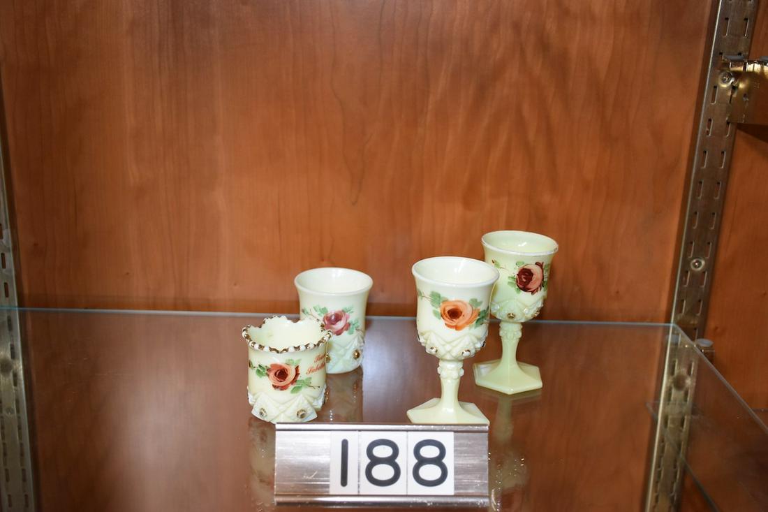Custard diamond Peg Toothpicks & goblets: Custard Glass â€“ Diamond Peg. 2 toothpick holders, and 2 miniature goblets