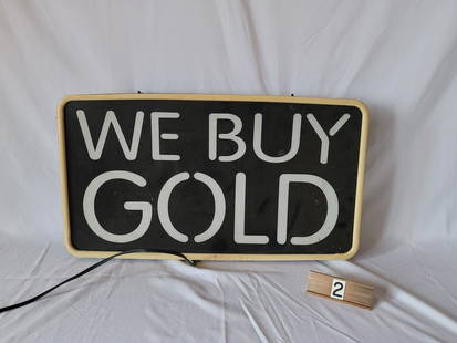 "We Buy Gold" Lighted Sign: Works. Measures 24" Length x 14" tall.