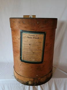 Wooden Barrel: Paper label reads. "Formula for Satin Finish". The Keever Starch Company, OH.