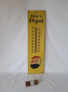 Metal Pepsi Thermometer: M-165. Made in U.S.A. AAW. 27" tall x 7" wide.