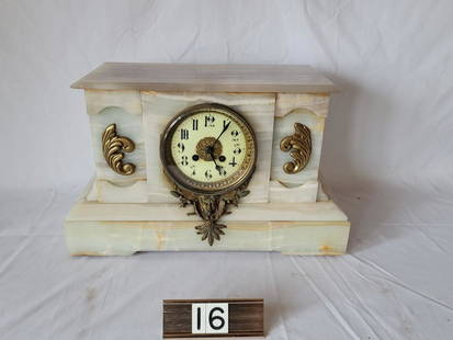 Marble Mantle Clock: Maker Unknown. 16" long x 10" tall.