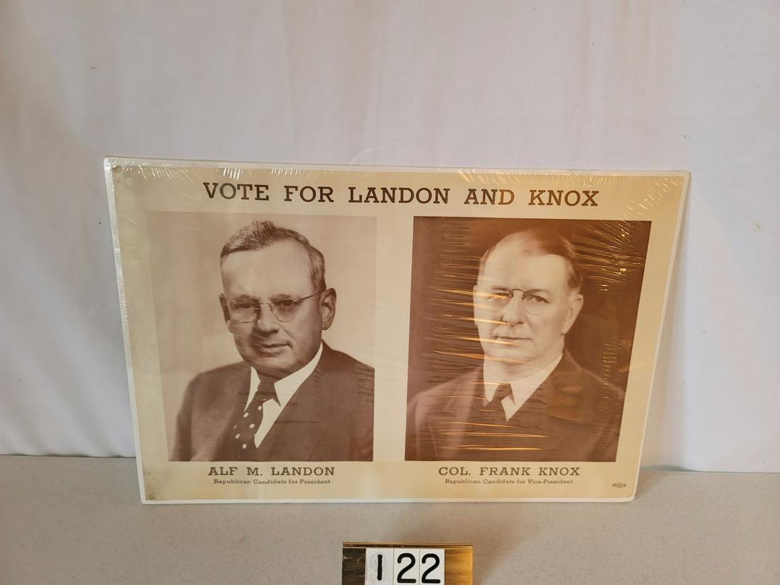 Political Sign: Vote For Landon and Knox, Alf M. Landon and Col. Frank Knox. Measures 21" x 14"