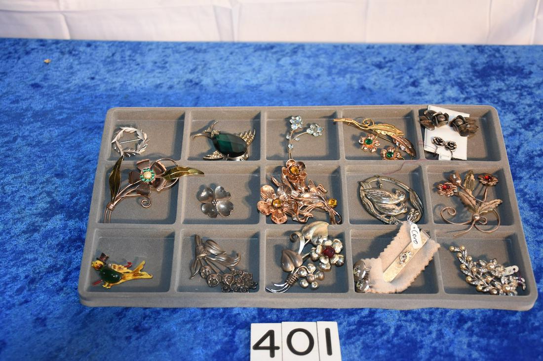 15 Pieces of Sterling: Brooches, earrings, bar pin, including Trifari, VanDell,