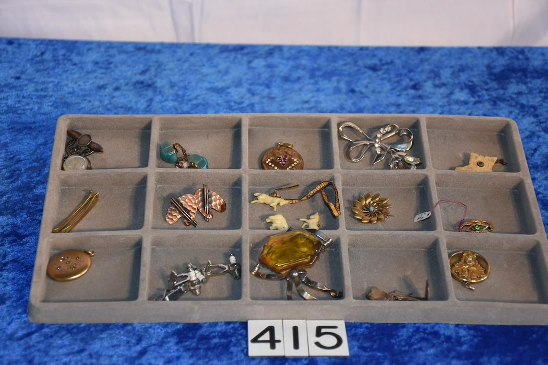 15 Sterling and Costume Pieces: pins, 3 gold filled lockets, enamel, copper