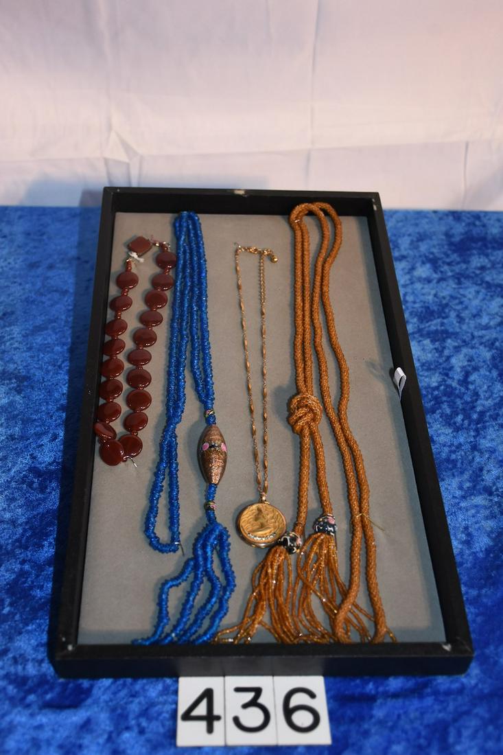4 piece group of necklaces: Includes one Art Nouveau gold filled necklace and locket