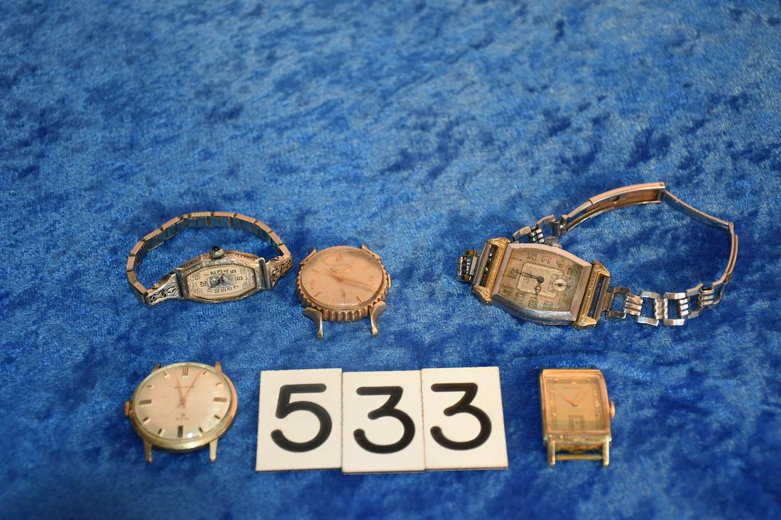 5 Wrist Watches: 4 men's and 1 ladies. 3 do not have bands. All mechanical. Hamilton is engraved University of Michigan 1950 gold filled;