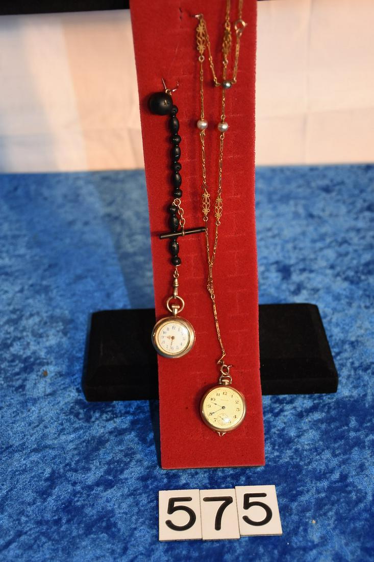2 Ladies Watches: Chain and fobs with each. Gold Filled. One is a Waltham