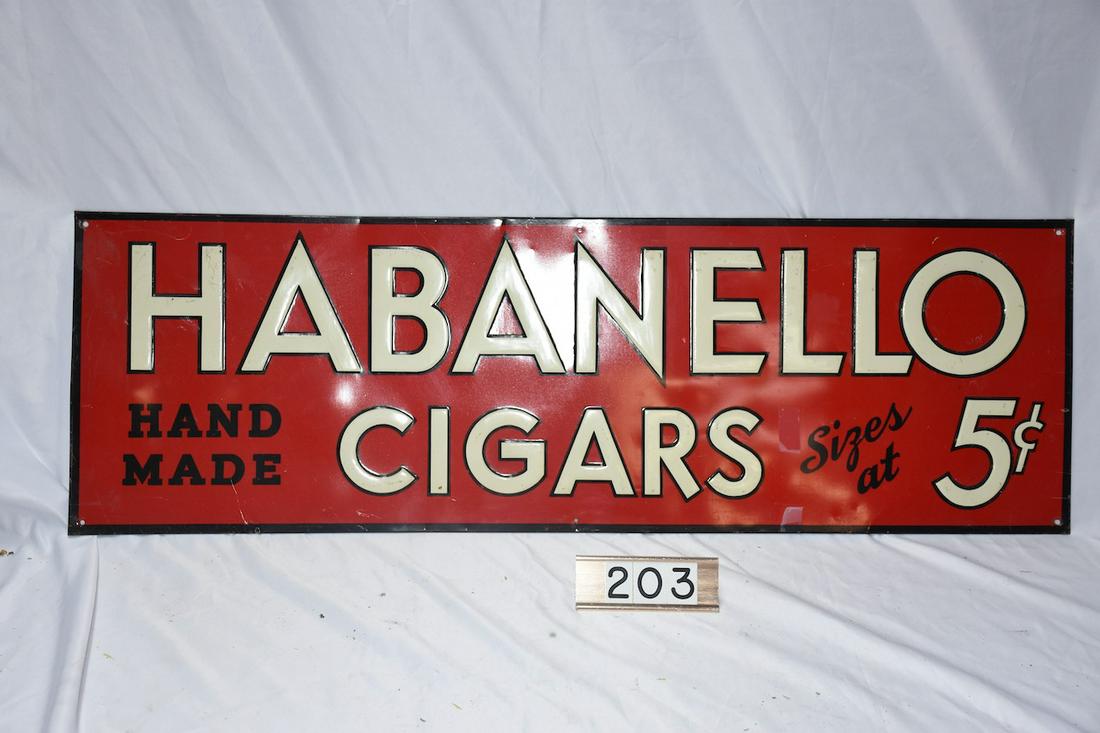Original Habanello Cigars: Hand Made, 5Â¢. 35"x11". Very good, tin.