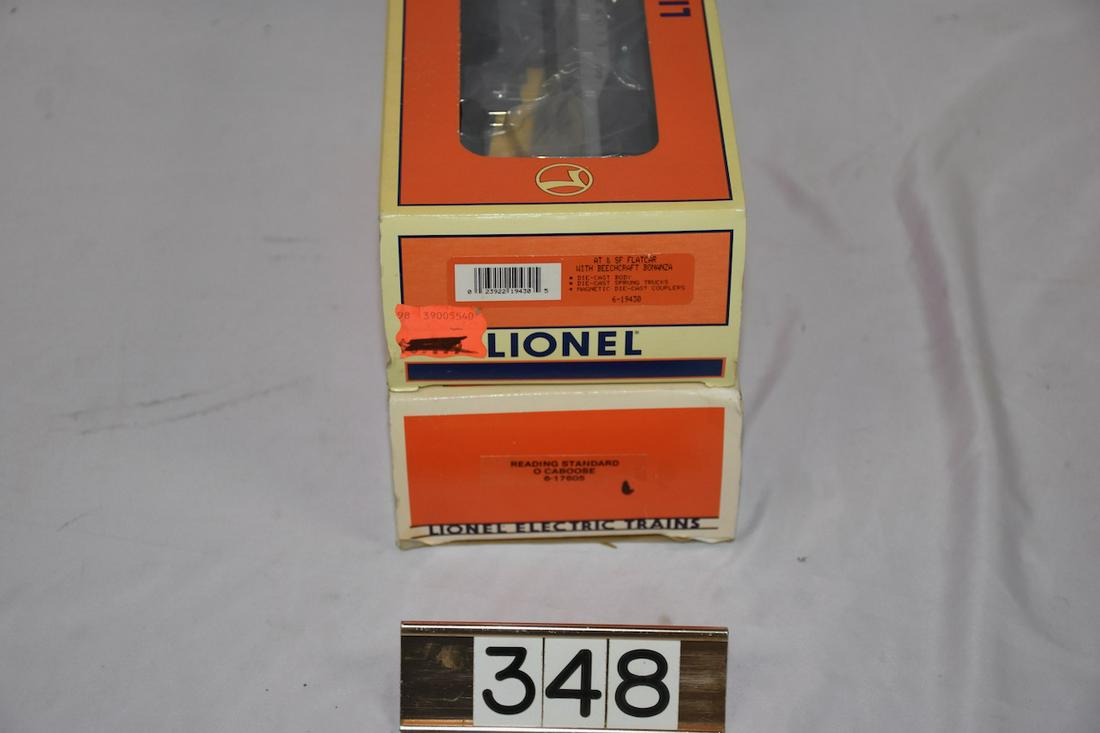 2 Lionel Cars: AT & SF Flatcar with Beechcraft Bonanza Airplane 6-19430; Reading Standard O Caboose, 6-17605