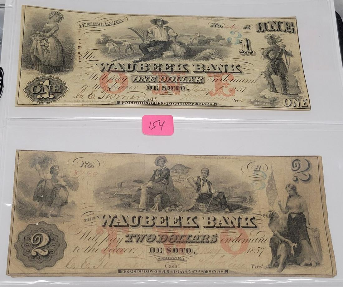 Waukee Bank Notes: Waubeek Bank, Desoto 1857, $1, $2, $3, and $5. notes