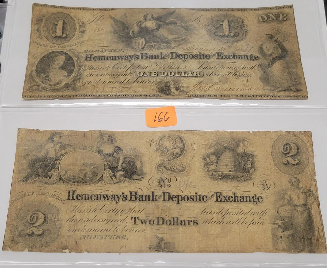 Hemenway's Bank & Deposit Exchange: Milwaukee, Wisconsin, 1847? $1, and $2,