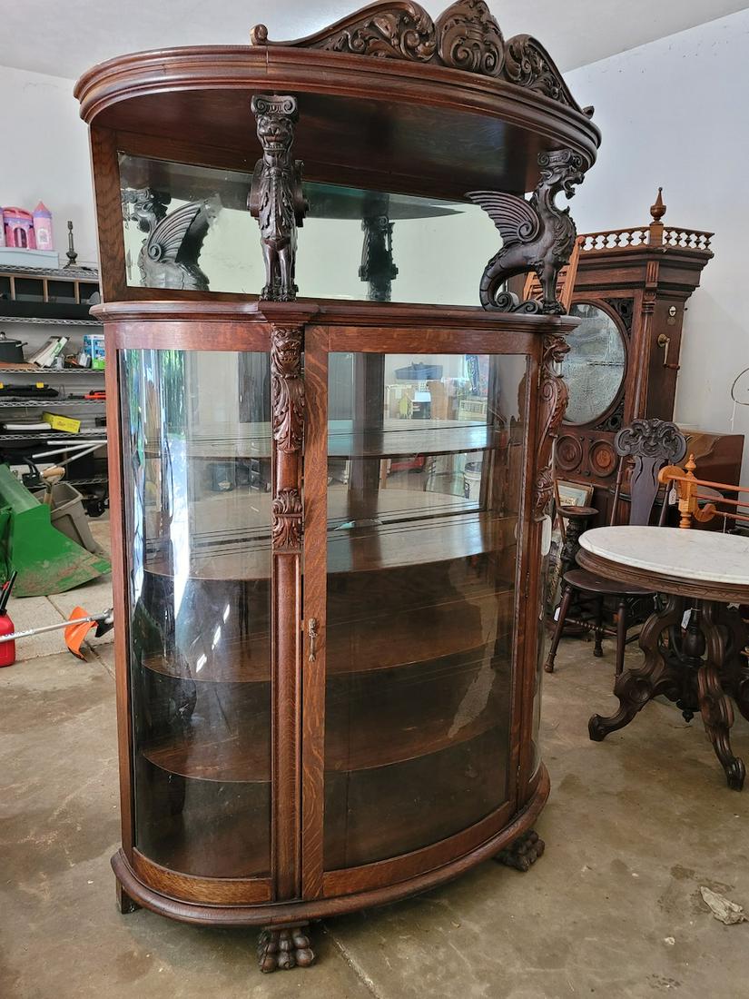 Oak Hooded Winged Griffin China Cabinet (1 of 5)