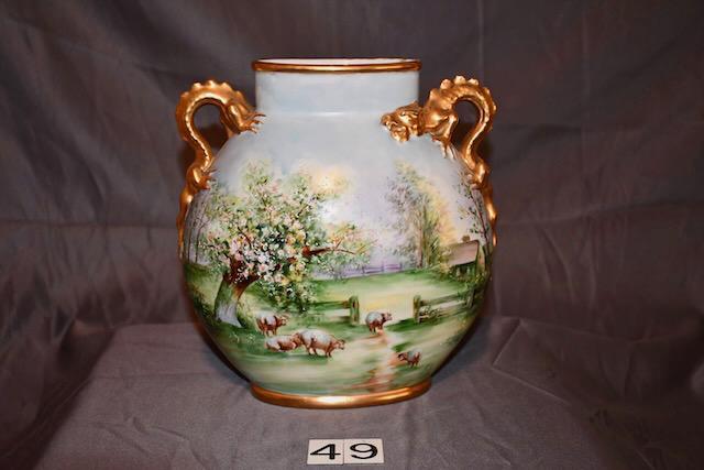 Nice Hand Painted French Pillow Vase: The scenic decorated example had gold trim and handles. Marked J.P. France. 9" wide x 10" tall