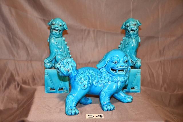 Group of Turquois Glaze Foo Dogs: 3 pieces. Two are on pedestals. The pair10" tall x 3". The individual piece is 9" wide by 7" tall