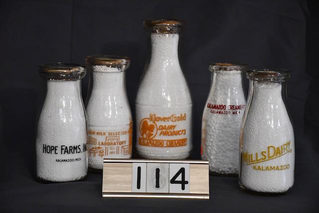 5 Milk Bottles: Klover Gold (2), Kalamazoo Creamery, Mill's Dairy and Hope Farms, all Kalamazoo