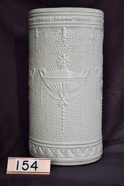 R.R.P.Co. Pottery Umbrella Holder: Embossed pattern, Roberts and Rainsbottom Pottery Co. 18" tall by 9"