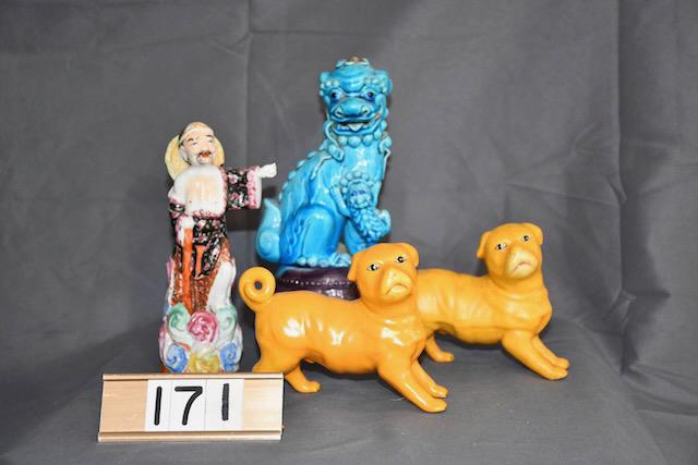 Chinese Porcelain Examples: Pair of dogs, turquoise glaze Foo Dog, etc. 10" is the tallest. There is some condition issue with the foo lion. The ribbon from his mouth to his side is missing, and there is a roughness to the top o