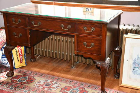 Chippendale Style Desk: Mahogany. Kindel Furniture Company, Grand Rapids. Signed. 46" wide x 19" deep and 30" tall. Excellent