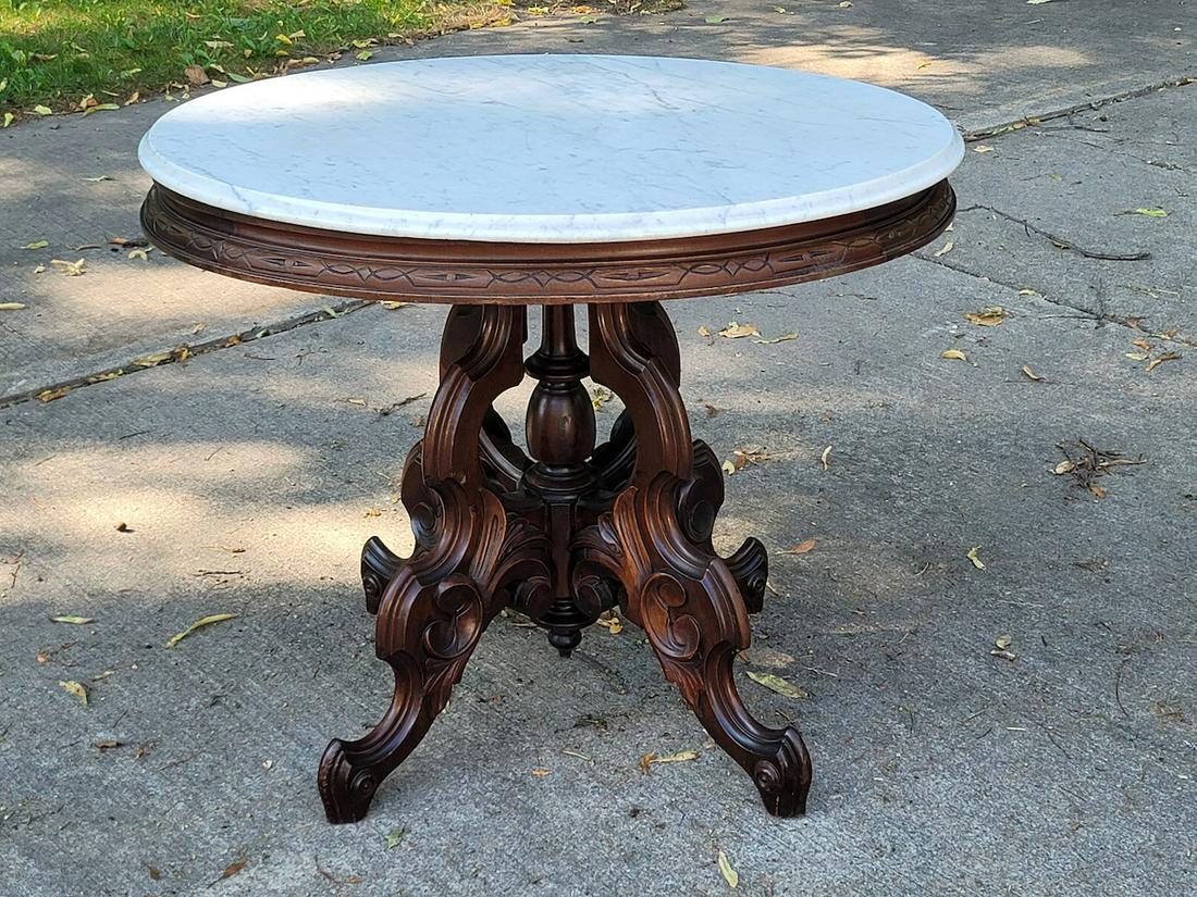 Thomas Brook Oval Marble Top Table with Carved Apron (1 of 4)