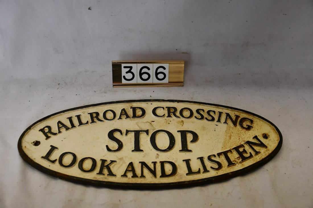 Railroad Crossing Sign: Railroad Crossing, Stop Look and Listen, oval, 15x6"
