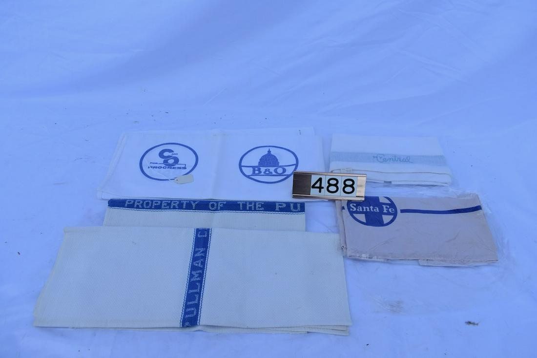 Group of (5) Train Towels & Napkins: (2) Pullman Co., C&O for Progress, Central & Santa Fe