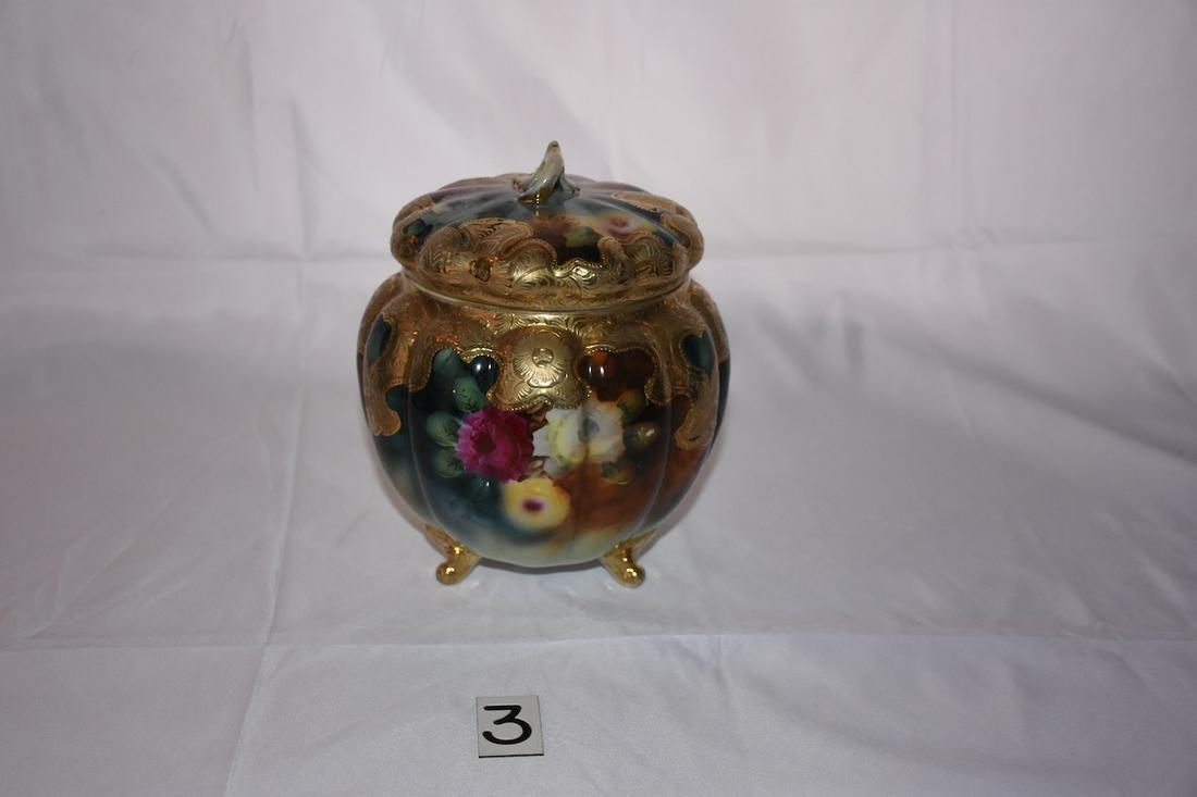 Royal Nippon Biscuit Jar: Gold and hand painted decoration 8" tall x 7" wide
