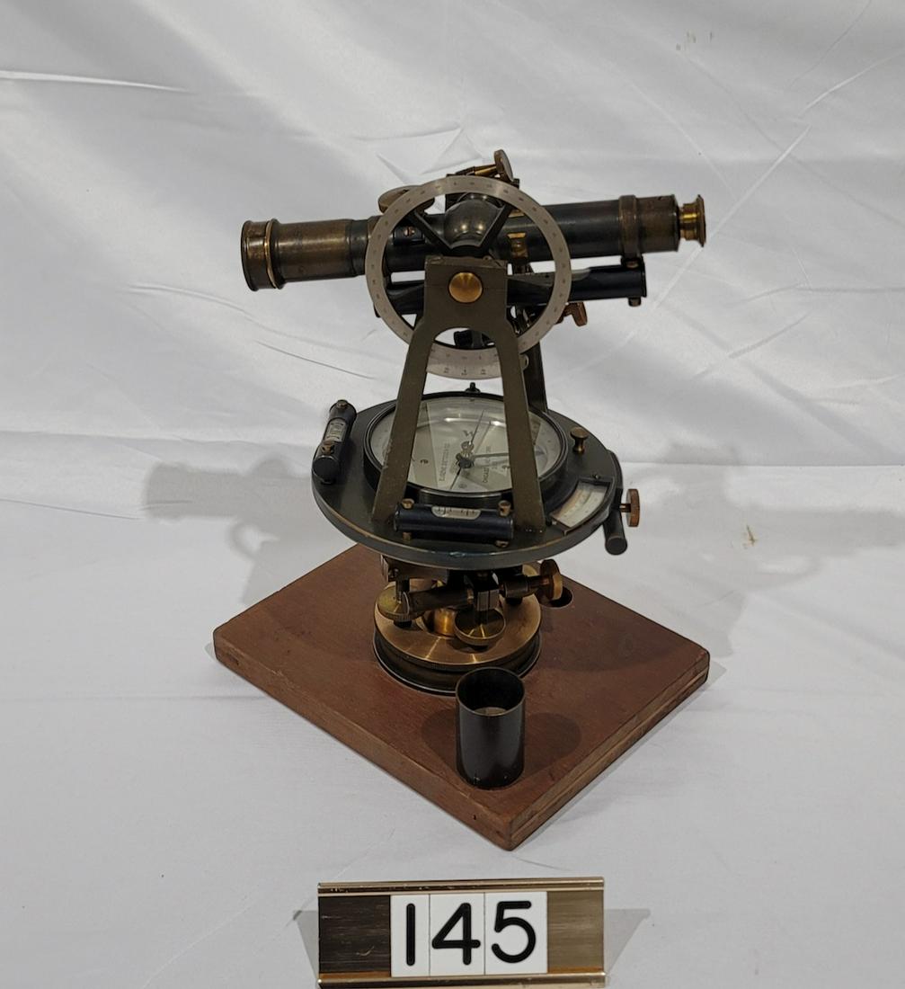 Dietzgen Mountain Transit in Wood Case: Split Leg Tripod, Wood Case, Plumb Bob, Transit with case measures 9"w x 13-1/2"h x 7-1/2"d. #3183