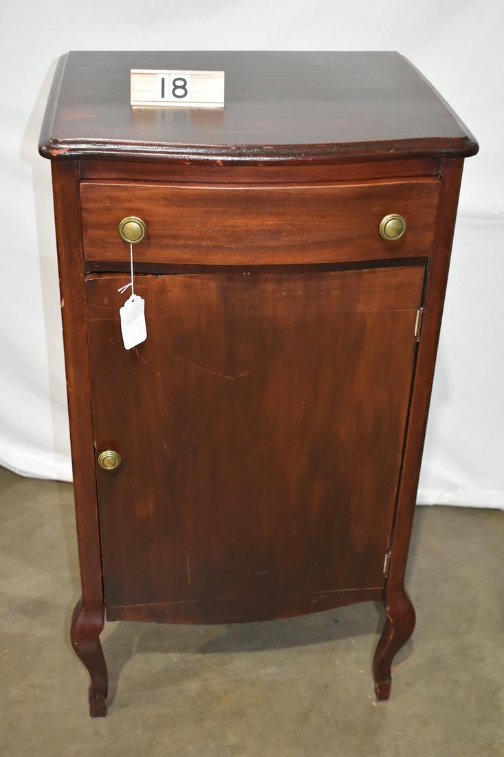 Mahogany Record Cabinet: 3 shelf, one door. Top drawer.