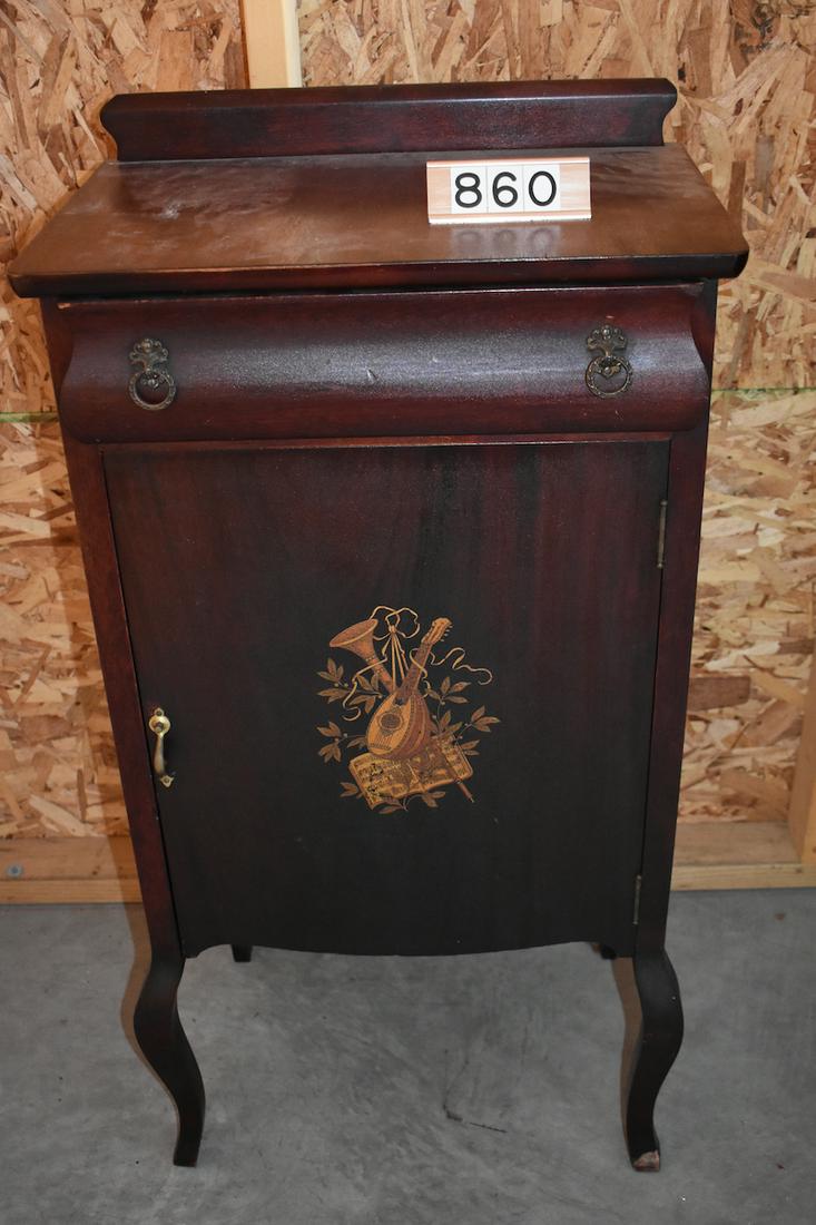 Mahogany Sheet Music Cabinet: One Shelf. 20" wide x 37" tall x 13" deep. Single door, one drawer on top.