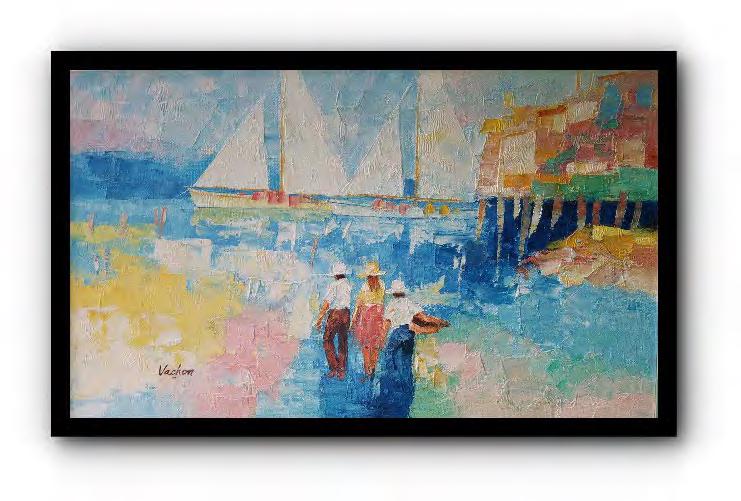 Sailboats Painting by Vachon(Continental School): Sailboats painting signed â€œVachon” lower left. Oil on Burlap. Continental School (20th Century). 24" x 36"