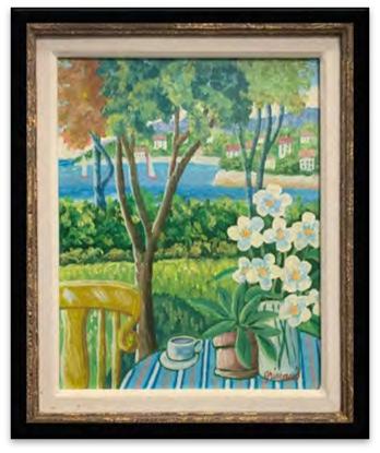 Flowers in a vase with a view painting by William Grimaud: Still life painting depicting flowers in a Mediterranean setting signed lower right Grimaud. William Grimaud (Scottish b. 1942). Oil on Canvas. 16" x 12"