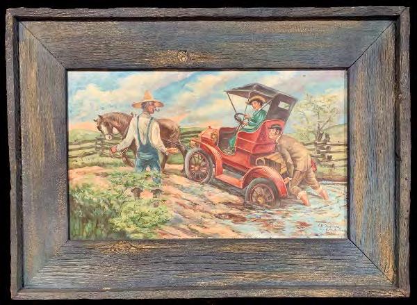 Stuck in the mud painting by A.M. Stephen: Folk art painting depicting a rural scene signed lower right A.M. Stephen, 1966. A.M. Stephen (American 20th Century). Oil on Masonite. 14" x 23.5"