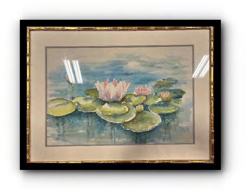 Lilly Pads painting by Staub (American School): Painting depicting lotus and blooms signed lower right, Staub. Watercolor on paper. 14" x 21"