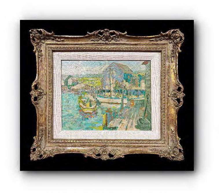 Boats moored at a pier painting (unsigned): Post-impressionistic style painting depicting barges unsigned. Oil on Masonite. 9" x 11"