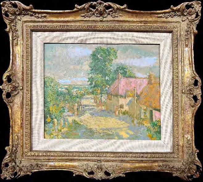 Rural village scene painting (unsigned): Painting depicting a European village scene. Oil on Masonite. 9" x 11"