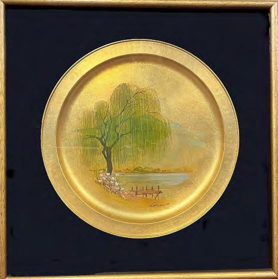 Painting depicting a lakeside tree by Chang: Chinese watercolor on bronze plate signed by Chang. 17" diameter.