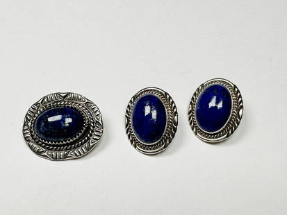 W. Denetdale Navajo Pin & Earring Set: Blue stones, clip on earrings marked Sterling W. Dentedale Navajo and pin marked capital B Sterling.