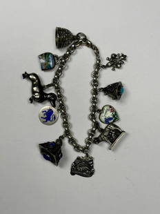 Sterling Silver Charm Bracelet: 10 Charms with some marked .835. Chain is marked .925. Approx. 7" long.