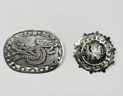 Peru Inca God and Mexican Quetzalcoatl Feathered Serpent Sterling Silver Brooches: Peru measures 2" Dia and is marked Peru .925. The Quetxalcoatl measures 2-5/8" Long and is marked Anton sterling Taxco Mexico. Total Weight 32 grams.