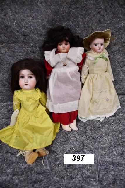 3 Bisque German Dolls: German 16/0 with sleep eyes, OM and teeth 13"; Bavarian William Goebel 14" bisque doll with sleep eyes and open mouth; and a German "Ruth" bisque doll that is 14" tall